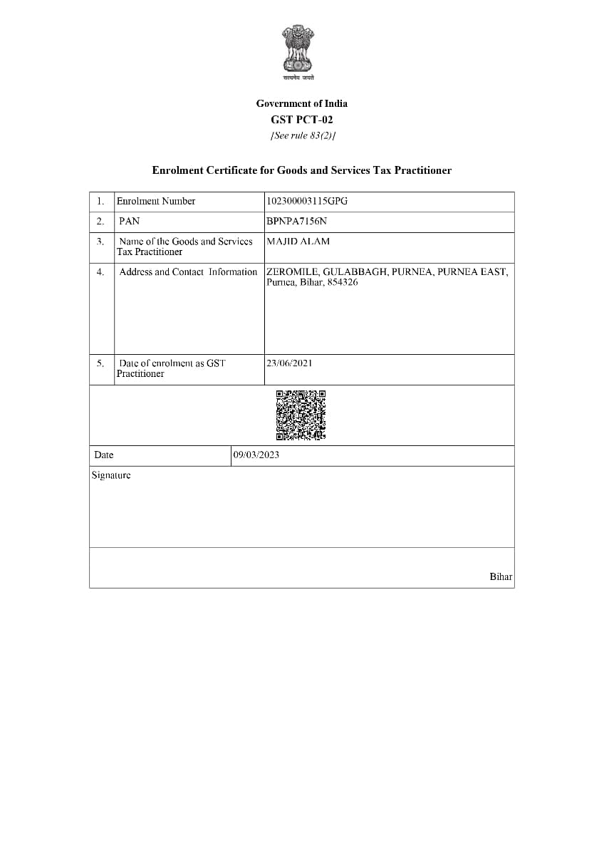 Enrolment Certificate for GST Practitioner